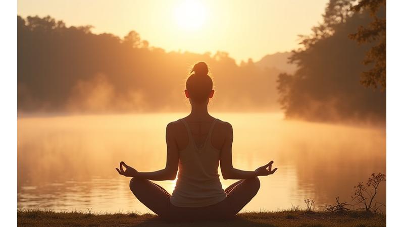 Woman practicing yoga by a lake at sunrise with mist, suggesting peace and new beginnings.