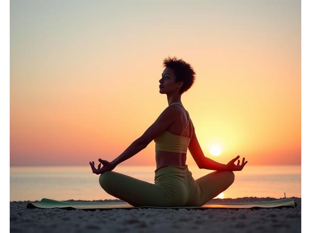 Yogi practicing on a beach at sunset, with sustainable gear, symbolizing harmony with nature.