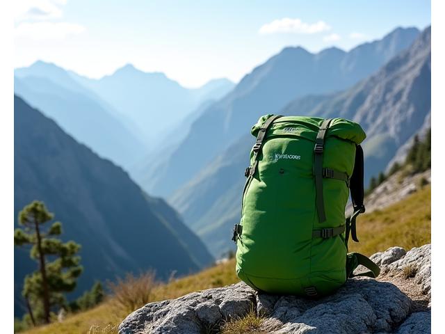 A ZenOutdoors yoga backpack resting on a mountain trail overlooking a serene vista, emphasizing durability and weather protection against mountain elements.